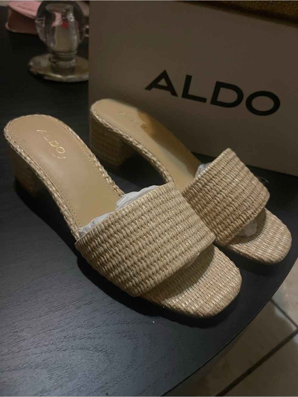 ALDO Tan Woven Block Heel Slide Sandals and Matching Shoulder/Crossbody Bag. - Picture 3 of 4